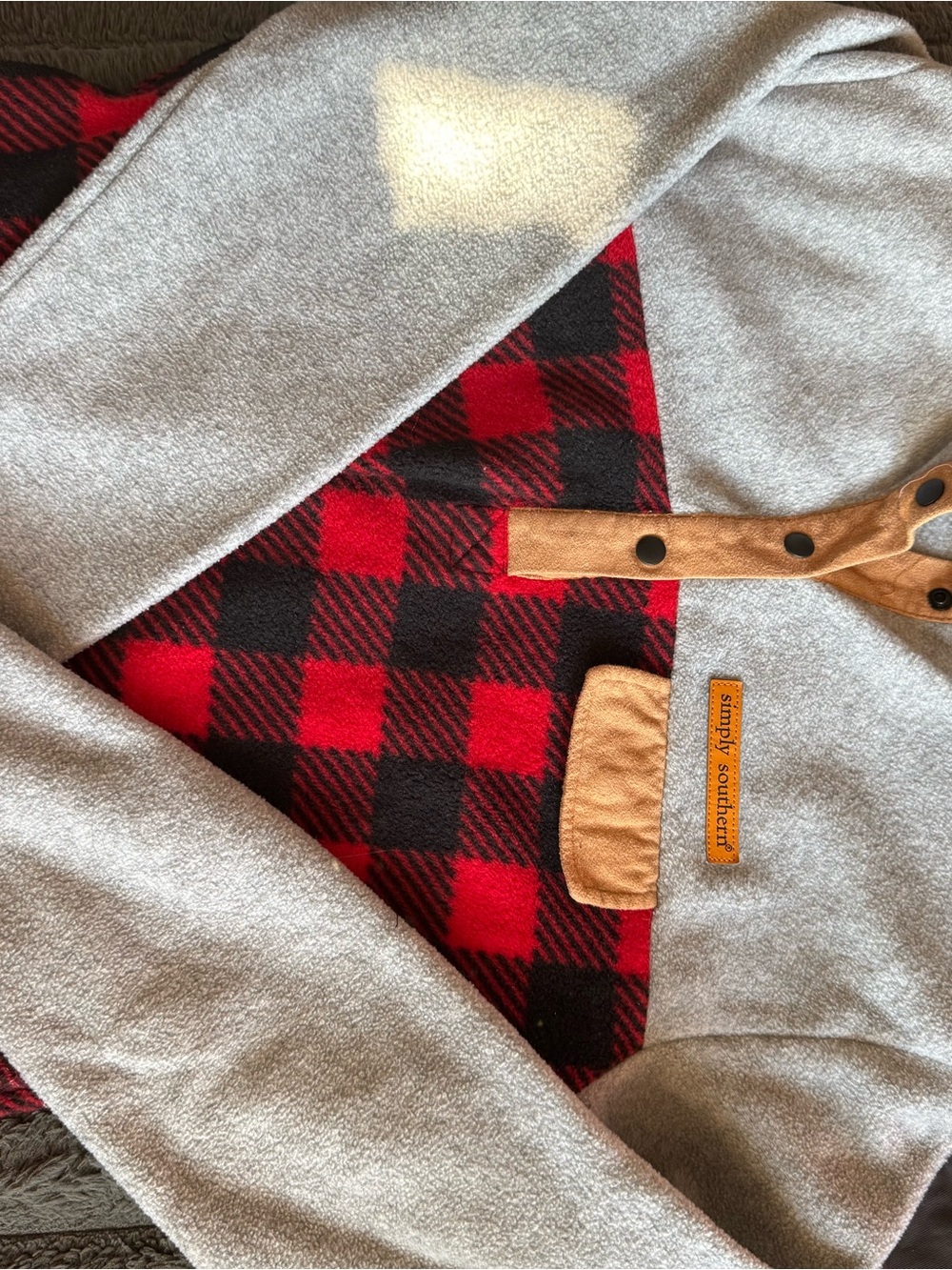 Simply Southern Kids Gray Fleece Pullover with Red & Black Buffalo Plaid